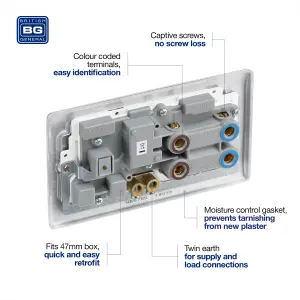 BG NBS70W Nexus Metal Brushed Steel 45A 2 Pole Cooker Switch 13A Neon Switched Socket - White Insert