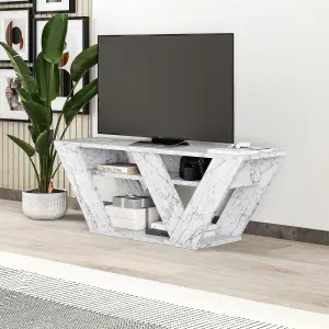 Decortie Pipralla Modern TV Stand Unit with Shelves for Up to 43" TVs White Marble Effect 110cm