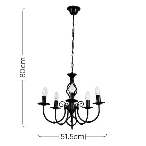 ValueLights Memphis Traditional 5 Way Black Satin Pendant Ceiling Light Chandelier