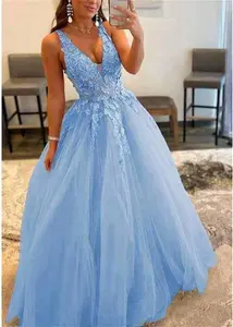 Stacees Prom Dress Princess A-Line V Neck Sweep Train Tulle Appliqued Beading - Sky Blue