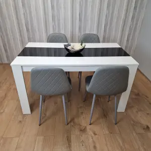 Wooden White Black Dining Table with 4 Grey Stitched Leather Chairs Set