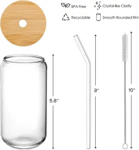 4 X 16oz Can Shaped Glass Cups - Drinking Glasses with Bamboo Lids and Glass Straw - Classic Design With Aesthetic Appeal