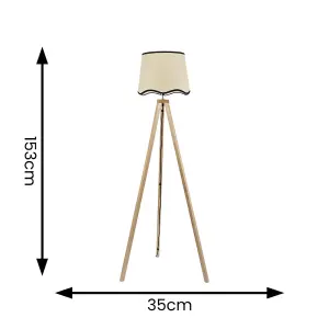 ValueLights Barbro Light Wood Tripod Floor Lamp with Natural Linen Scallop Black Edge Shade