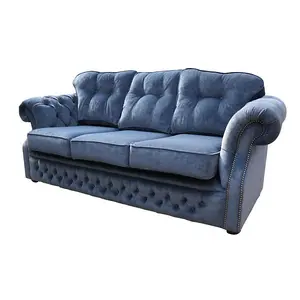 Chesterfield 3 Seater Denim Blue Fabric Sofa Settee Bespoke In Era Style