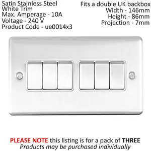 3 PACK 6 Gang Metal Multi Light Switch SATIN STEEL 2 Way 10A White Trim