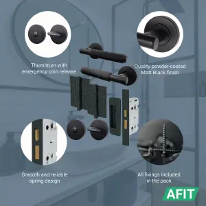 AFIT Matt Black Knurled Bathroom Door Handle Set - Handles, Turn & Release, Lock & Hinges 76mm - Dixon Range