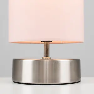 ValueLights Francis Pair of Francis Satin Touch Dimmer Bedside Table Lamps with Pink Cylinder Light Shades