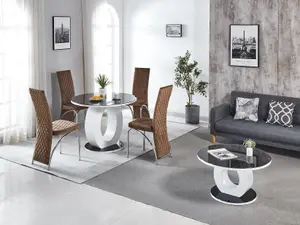 Modernique Giulia Round Black 100 cm Tempered Glass Top White Dining Table with 4 Pink Velvet Dining Chairs