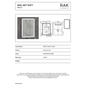 RAK Art Soft 500x700mm Chrome Square with Touch Sensor Illuminated Mirror IP44