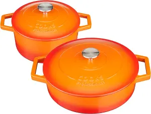 Cast Iron Casserole Set of 2 20cm & 28cm / 2.8L & 4.3L Dishes Oven Proof Enamelled Cast Iron Pans with Lids