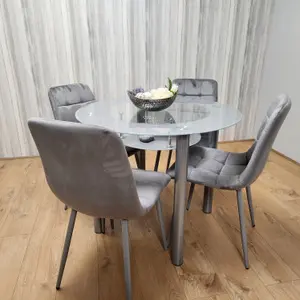 Round Glass Grey Kitchen Dining Table With Storage Shelf And 4 Grey Tufted Velvet Chairs Kitchen Dining Set