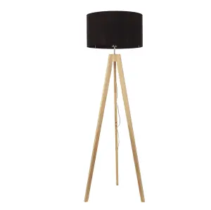 ValueLights Jackson Natural Wood Tripod Floor Lamp with Black Fabric Lamp Shade and LED Bulb