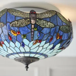 Tiffany Glass Semi Flush Ceiling Light Blue Dragonfly Inverted Shade i00044