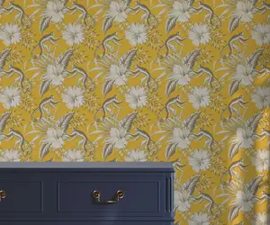 Bobbi Beck eco-friendly yellow monkey and hibiscus wallpaper