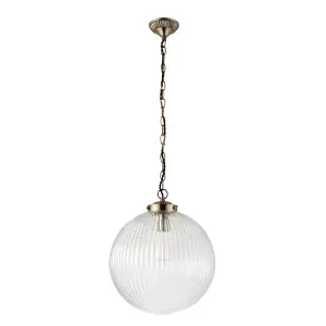 Anson Lighting Boston Pendant light finished in Antique brass plate and clear ribbed glass