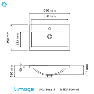 5004 Ceramic 60cm x 40cm Mid-Edge Inset Basin with Dipped Bowl