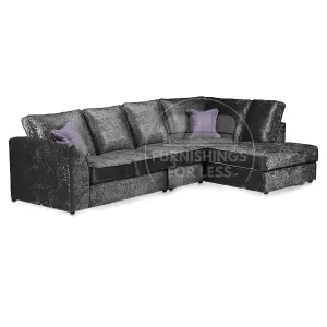 Crystal Crushed Velvet Fabric 5 Seater L Shaped Corner Sofa  Black Right Hand Facing - Full Back