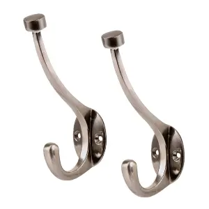 2 x Satin Nickel Large Hat and Coat Hooks, Pill Top Metal 145mm Modern Hangers