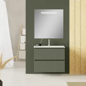 Banyetti Linea Muscat Sage Fluted Double Drawer Wall Hung Vanity Unit Including Basin 800mm x 460mm