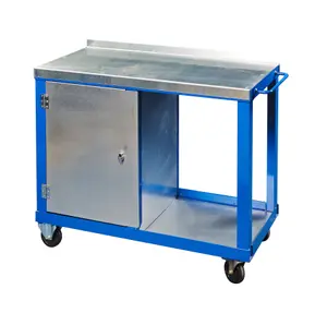 1000mm x 500mm x 840mm galvanised steel top tool trolley, cupboard and bottom shelf and castors