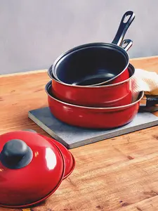 Interiors by Premier 5 Pc Non-Stick Red Pan Set, Kitchen Pots and Pans Set With Bakelite Handles, Stainless Steel Pot Set