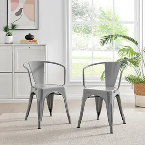 Furniturebox Set of 2 Grey Colton Tolix Style Stackable Industrial Metal Dining Chair with Arms