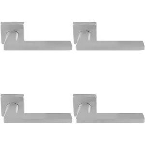 4 PACK - Premium Sleek Slim Door Handle Set - Satin Chrome Angled Lever on Square Rose