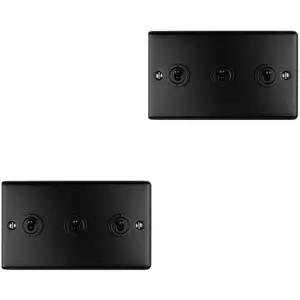 2 PACK 3 Gang Triple Retro Toggle Light Switch MATT BLACK 10A 2 Way Plate