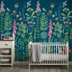 Grandeco Spring Meadow Flower Painted Sprig 3 panel repeatable wallpaper Mural, 2.8 x 1.59m, Dark Teal