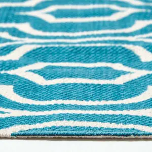 Homescapes Riga Teal and White 100% Cotton Printed Patterned Rug, 90 x 150 cm