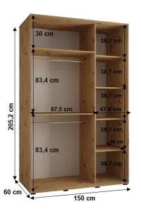 Cannes IV Elegant Oak Artisan Sliding Door Wardrobe 1500mm H2050mm D600mm with Black Steel Handles and Decorative Strips