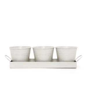 Set of 3 Metal Herb Plant Pots with Saucer Tray Indoor Windowsill Kitchen Planter (Chalk White)