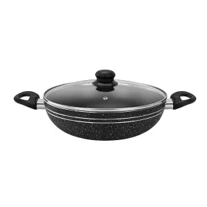 Royalford 26 CM Non-Stick Induction Wok Pan with Glass Lid Deep Cooking Frying Pan Kadai