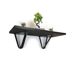 Solid Pine Rustical Shelf Black Ash Black Hairpin Bracket Style 25x60cm