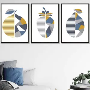 Set of 3 Geometric Fruit Strawberry Blue Yellow Wall Art Prints / 50x70cm / Black Frame