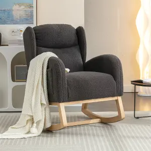 Modern Teddy Fabric Upholstered Rocking Chair Wingback Padded Seat For Living Room Bedroom, Grey 