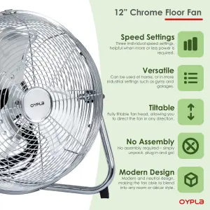 Oypla Electrical 12" Inch Chrome 3 Speed Floor Standing Gym Fan Hydroponic