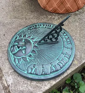 Sundial Ornament in Verdigris Cast Iron Sun Face