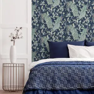 Keeka Peacock Bird Themed Vintage Wallpaper Navy Blue World of Wallpaper 946100