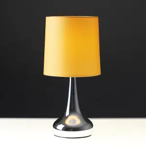 ValueLights Chrome Teardrop Touch Bed Side Table Lamps with Mustard Fabric Shade With 5w LED Bulb 3000K Warm White