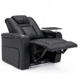 Broadway Cinema Electric Recliner Chair USB Charging Led Base With Tray (Black w White Stitching)