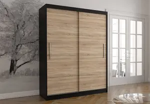 Space-saving Vista 06 Sliding Door Wardrobe - Black Matt with  Oak Sonoma Accents - (H)2000mm x (W)1500mm x (D)610mm