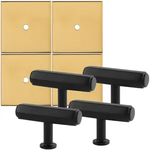 4 PACK - Cabinet Door Knob & Contrasting Backplate Set - Hex T Bar Pull - Matt Black & Satin Brass