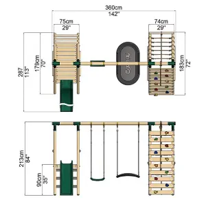 Rebo Wooden Swing Set with Deck and Slide plus Up and Over Climbing Wall - Quartz Green