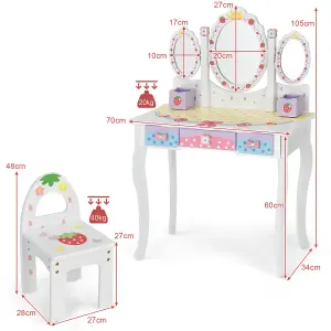 Costway Kids Vanity Table Chair Set Children Makeup Dressing Table w/ Tri-fold Mirror