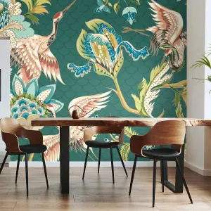 Origin Murals Cranes in Flight Green Matt Smooth Paste the Wall Mural 350cm Wide X 280cm High