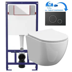 White Round Rimless Wall Hung Pan & Soft Close Seat Toilet & Flush Plate Set-Black Chrome