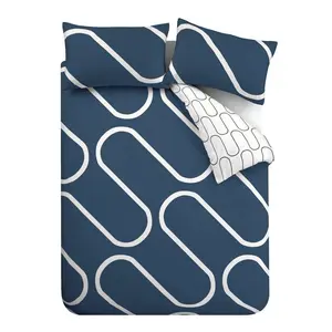 Linear Curve Geometric Reversible Duvet Cover Set with Pillowcases Navy / Double Duvet Cover + 2 Standard Pillowcases