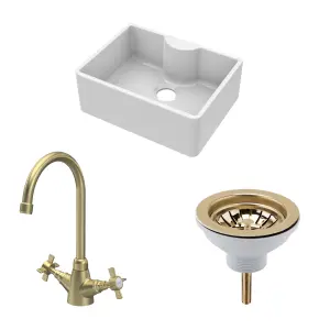 Fireclay Kitchen Bundle - Single Bowl Butler Sink with Tap Ledge, Waste & Mono Tap, 595mm - Brushed Brass - Balterley