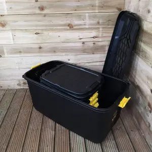 1 x 145L AND 4 x 24L Heavy Duty Trunks 1 on Wheels Sturdy, Lockable, Stackable and Nestable Design Storage Chest Clips in Black